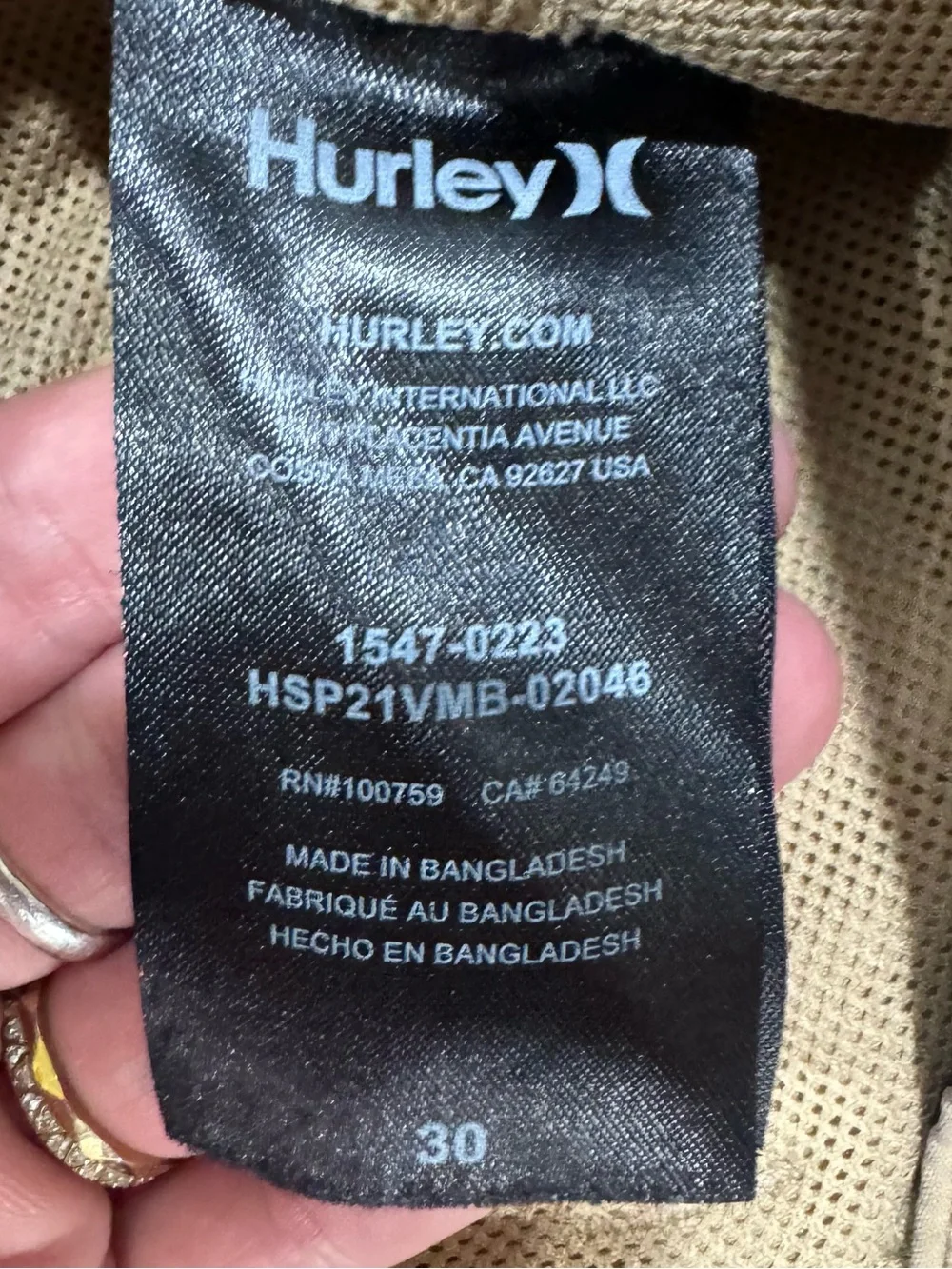 Hurley Khaki Hybrid Chino Shorts Men’s Size 30